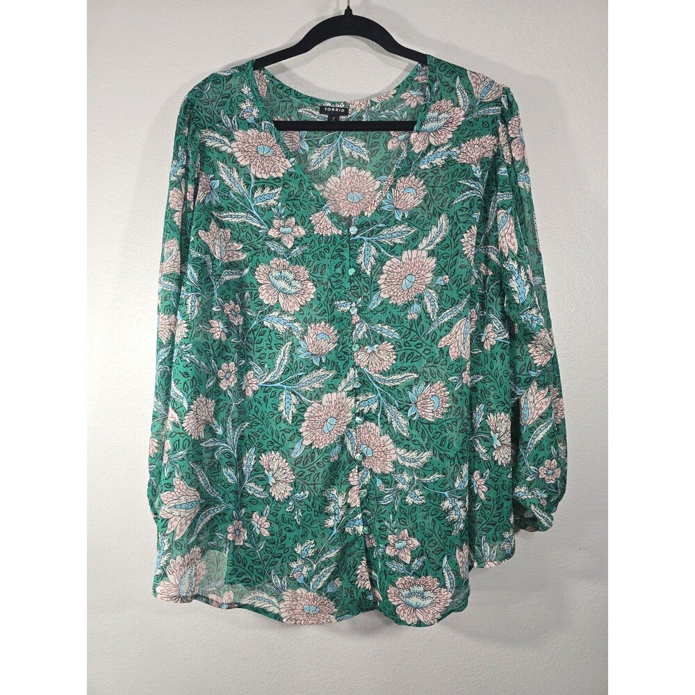 Torrid Chiffon Size 2x Lurex Button-Up Floral V Neck Blouse Green Cottagecore AI
